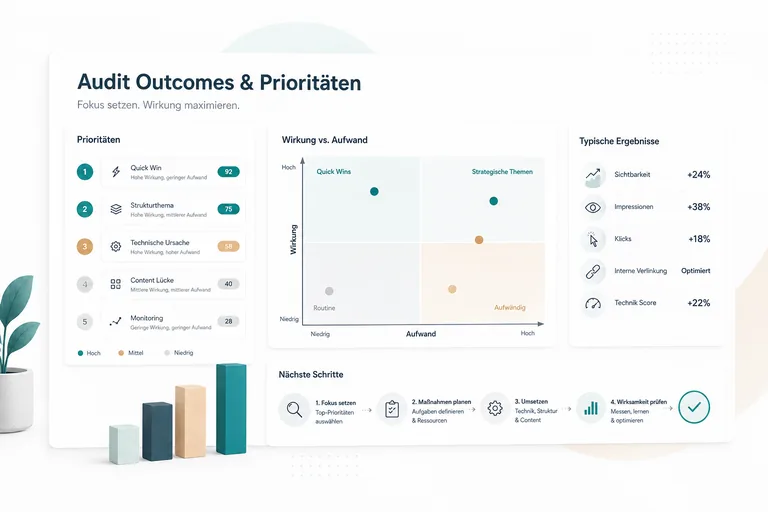Dashboard mit Prioritäten, Wirkung versus Aufwand und typischen Ergebnissen eines SEO-Audits
