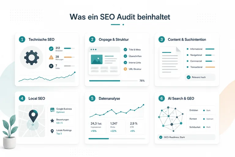 Infografik mit den sechs Kernbereichen eines SEO-Audits