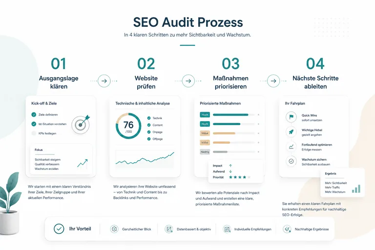 SEO-Audit Prozess in vier Schritten von der Ausgangslage bis zu den nächsten Maßnahmen