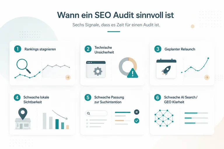 Infografik mit sechs Signalen, wann ein SEO-Audit sinnvoll ist