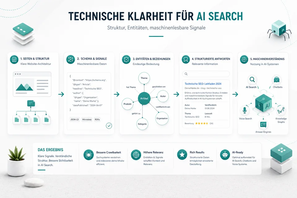 Moderne Infografik zur technischen Klarheit für AI Search mit Struktur, Schema, Entitäten und maschinenlesbaren Signalen