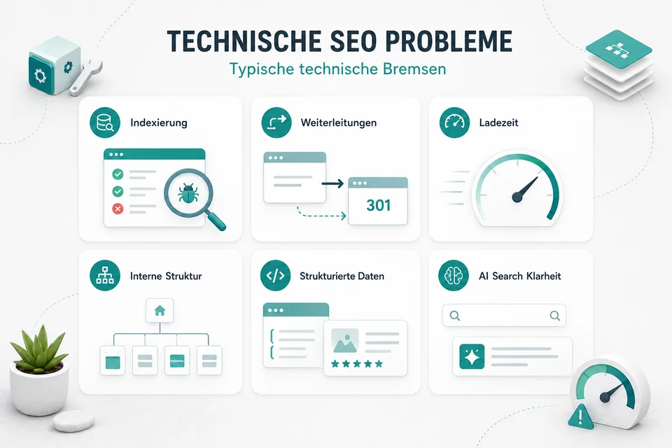 Moderne Infografik zu typischen technischen SEO-Problemen wie Indexierung, Weiterleitungen, Ladezeit, interner Struktur und strukturierten Daten