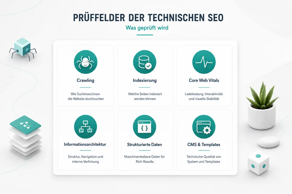 Übersicht der technischen SEO-Prüffelder Crawling, Indexierung, Core Web Vitals, Informationsarchitektur, strukturierte Daten und CMS-Qualität