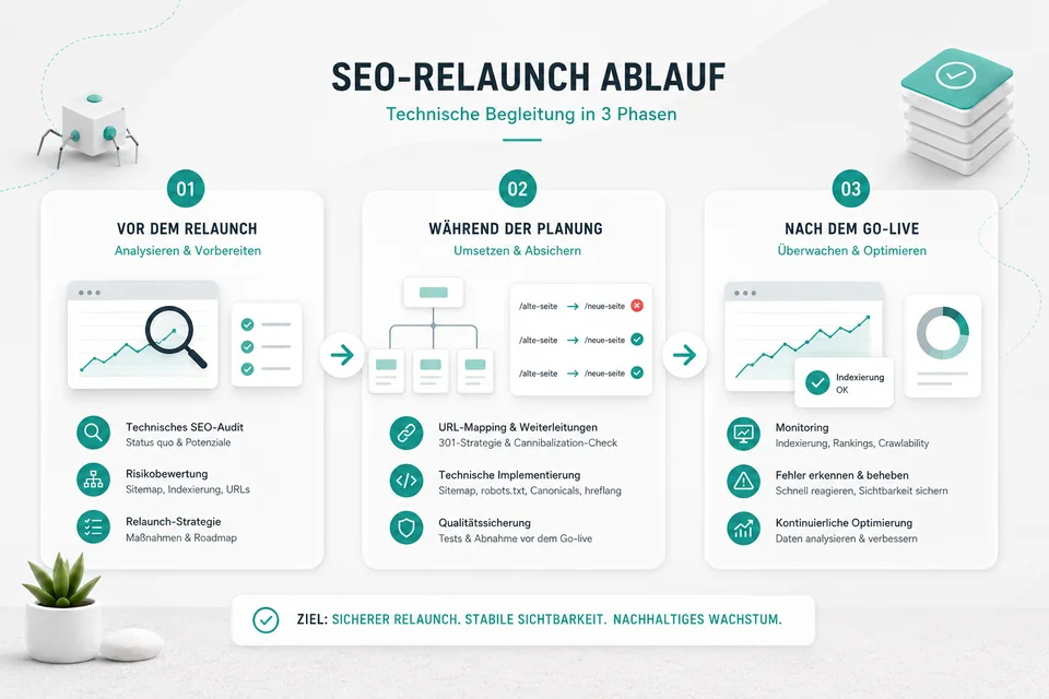 Moderner SEO-Relaunch-Ablauf in drei Phasen: vor dem Relaunch, während der Planung und nach dem Go-live
